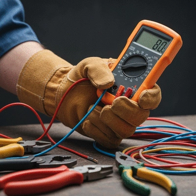 Gros plan sur une main d'électricien tenant un multimètre près de fils électriques colorés, outils de travail, fond flou, pas de texte, pas de mots, pas de typographie, 8K