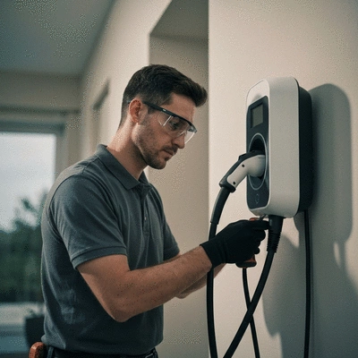 Electrician installing an EV charging station at a residential home, Avignon