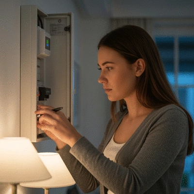 Homeowner checking a fuse box during a power outage