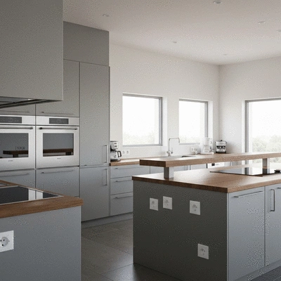 Modern kitchen with electrical outlets and appliances, clean aesthetic