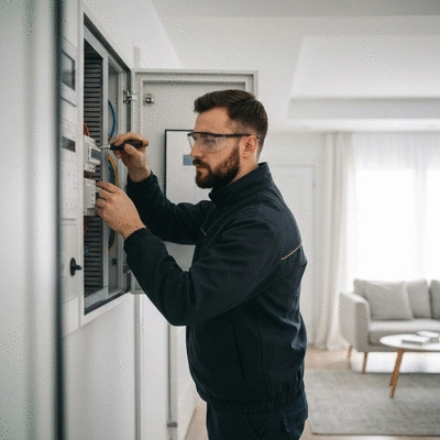 Électricien inspectant un tableau électrique dans une maison moderne