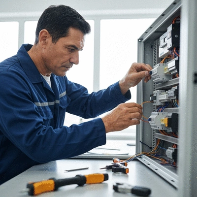 Electricien vérifiant un tableau électrique moderne