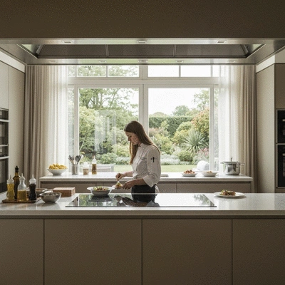 Electrician checking an electrical panel in a modern home, focus on safety and compliance, no text, no words, no typography