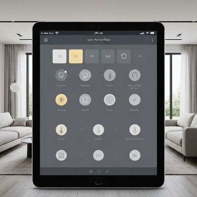 Smart home interface on a tablet, showing different controls for lighting, temperature, and security in a modern living room setting.