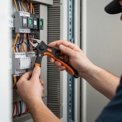 Électricien vérifiant des installations électriques dans un immeuble collectif