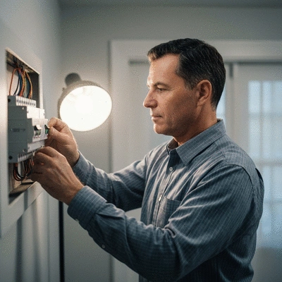 Electrician checking a circuit breaker in a home