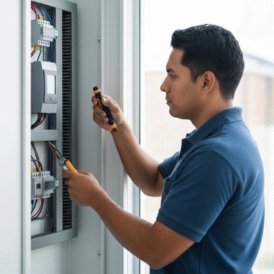 Residential electrical panel with a certified electrician inspecting wiring