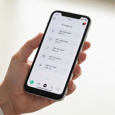 Hand holding a smartphone with emergency contact numbers on screen