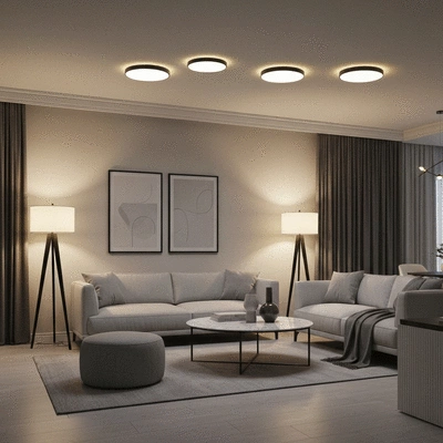Modern living room with warm lighting from various sources, no text, no words, no typography, clean image