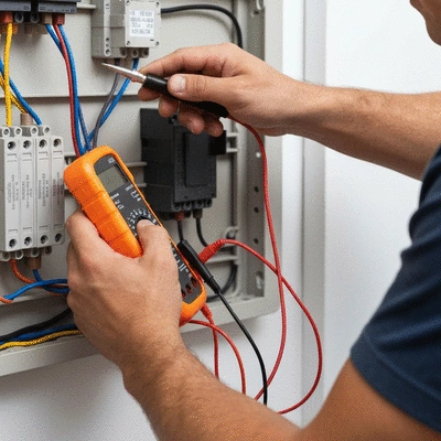 Gros plan sur des mains d'électricien effectuant une vérification de sécurité sur un câblage électrique domestique, un multimètre sur le côté, environnement propre, sans texte, sans mots, sans typographie, 8K