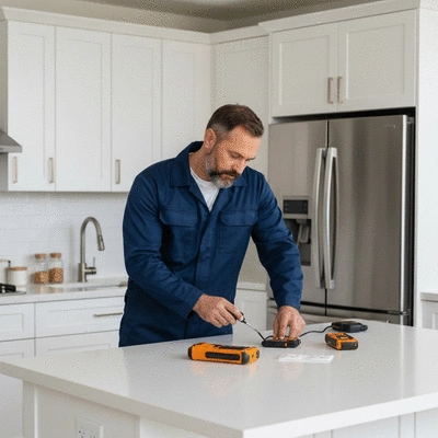 Electrician checking electrical outlets in a modern kitchen