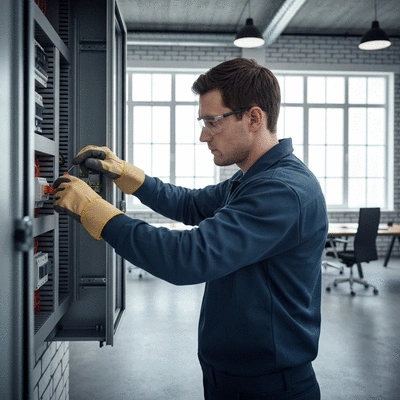 Electricien travaillant sur un tableau électrique dans un local commercial moderne