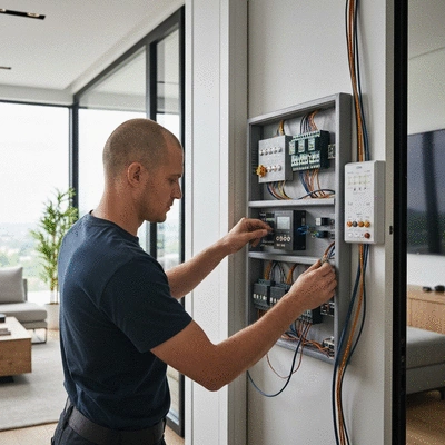 Electrician working on smart lighting system installation