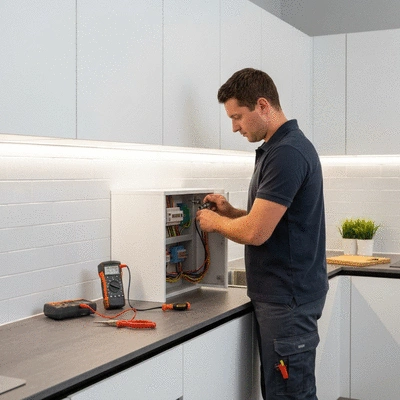 Artisan électricien travaillant sur un tableau électrique dans une cuisine moderne, avec des outils professionnels et un éclairage clair, no text, no words, no typography, no labels, clean image