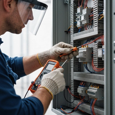 Électricien professionnel réparant un tableau électrique avec des outils, gros plan
