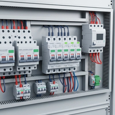 Tableau électrique moderne avec des disjoncteurs différentiels et des parafoudres, bien étiqueté, éclairage ambiant