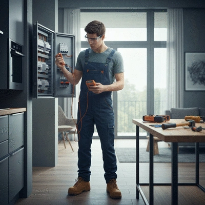 Electrician checking a circuit breaker panel in a residential setting, with tools and safety equipment