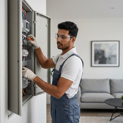 Professional electrician inspecting electrical panel in a modern home