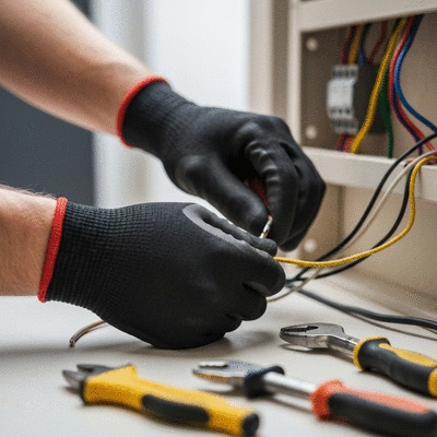 Gros plan sur les mains d'un électricien vérifiant un câblage électrique dans un environnement domestique, avec des fils et des outils visibles