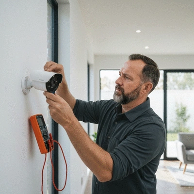 Professional electrician installing a security camera on a wall inside a modern home
