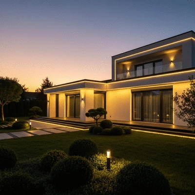 Modern house exterior at dusk with elegant LED lighting illuminating the facade and garden