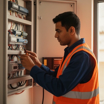 Électricien professionnel inspectant un tableau électrique moderne dans une maison à Avignon, lumière naturelle, ambiance de travail, pas de texte, pas de mots, pas de typographie, 8K