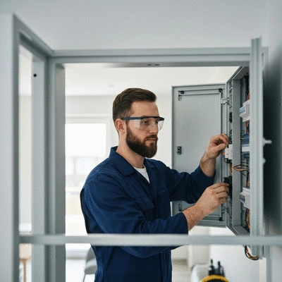 Electrician checking an electrical panel for conformity