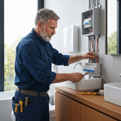 Électricien professionnel installant un disjoncteur différentiel dans une salle de bain moderne