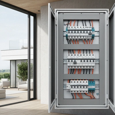 Tableau électrique moderne avec disjoncteurs et câblage propre, aux normes NF C 15-100
