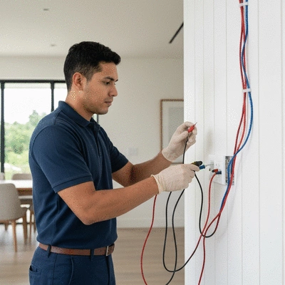 Electrician performing an electrical diagnostic in a modern home