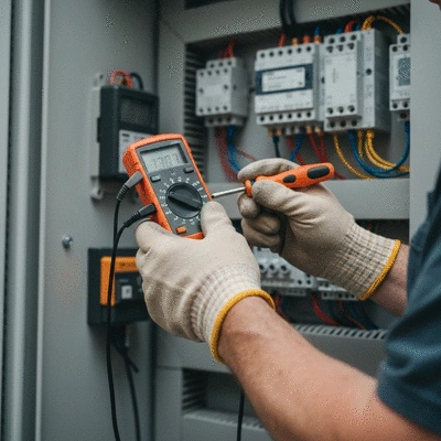 Electrician working on an electrical panel, close-up, tools, safety gear
