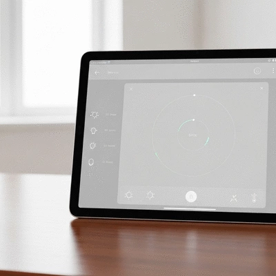 Smart home control interface on a tablet, showing lighting and temperature settings