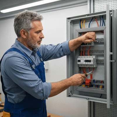 Electricien travaillant sur un tableau &eacute;lectrique r&eacute;sidentiel
