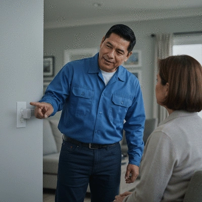 Electrician explaining electrical safety to a homeowner