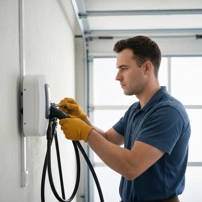 Electrician installing EV charging station, safety focus