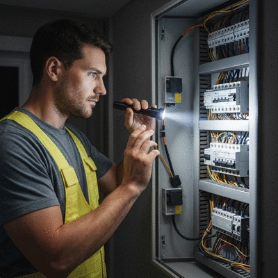 Electrician checking a circuit breaker panel during a power outage