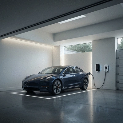 Modern electric vehicle charging at home, sleek design