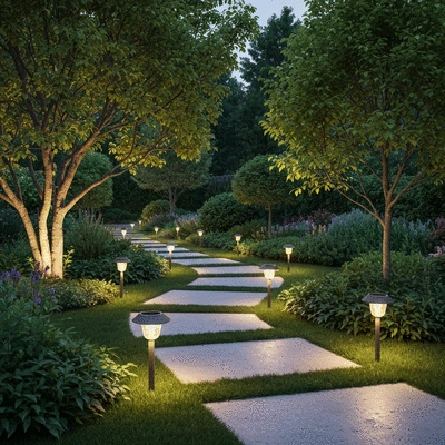 Elegant outdoor garden with personalized solar-powered pathway lighting at dusk