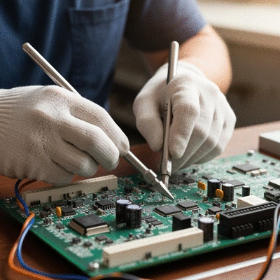 Gros plan sur des mains d'électricien travaillant sur un circuit électrique avec des outils