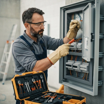 Électricien professionnel installant un tableau électrique avec des outils