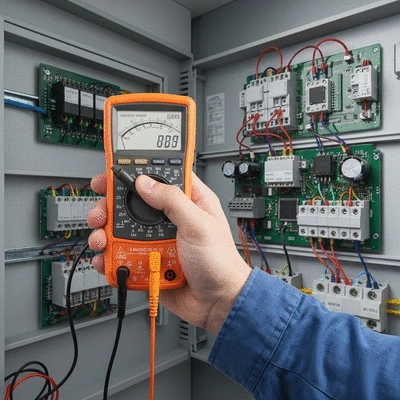 Main tenant un multim&egrave;tre pour un diagnostic &eacute;lectrique, fond flou d'installations &eacute;lectriques
