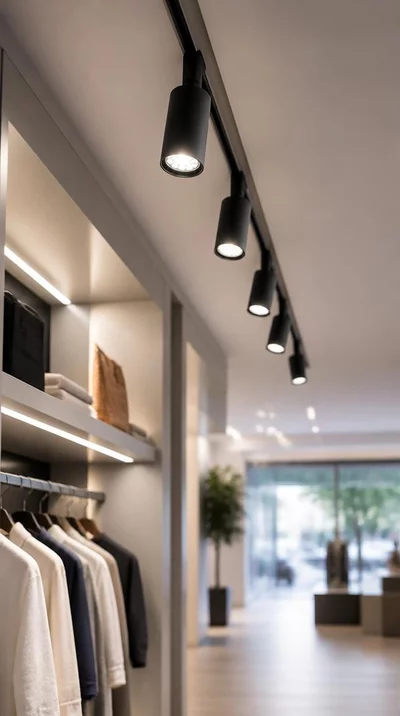 Modern LED lighting fixtures in a stylish retail environment, showcasing energy efficiency