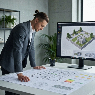 Électricien examinant un plan de construction avec des symboles de normes électriques