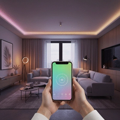 Modern living room with smart lighting changing colors, controlled by a smartphone