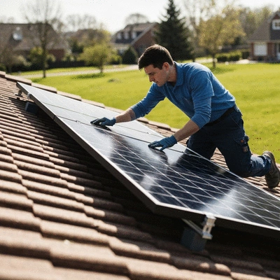 Personne installant un panneau solaire sur un toit