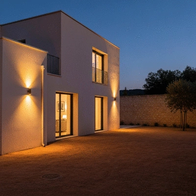 Modern house exterior at dusk with architectural lighting highlighting features in Avignon