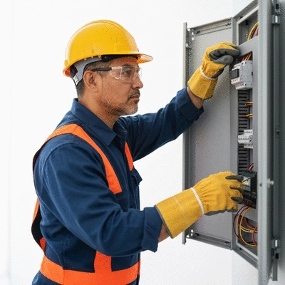 Électricien inspectant un tableau électrique résidentiel