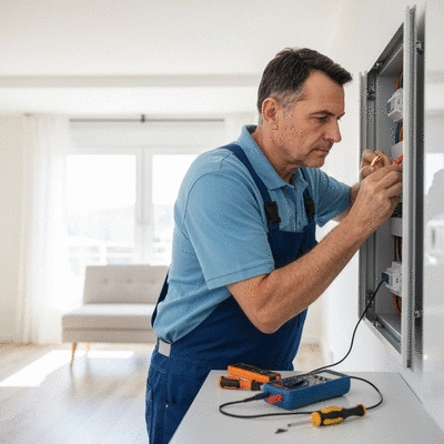 Electricien vérifiant un tableau électrique moderne dans une maison rénovée