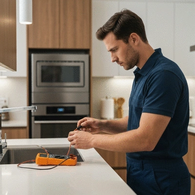 Electrician using a multimeter to check electrical wiring in a kitchen