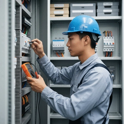 Electrician checking a circuit breaker panel with multimeter, focus on safety and precision